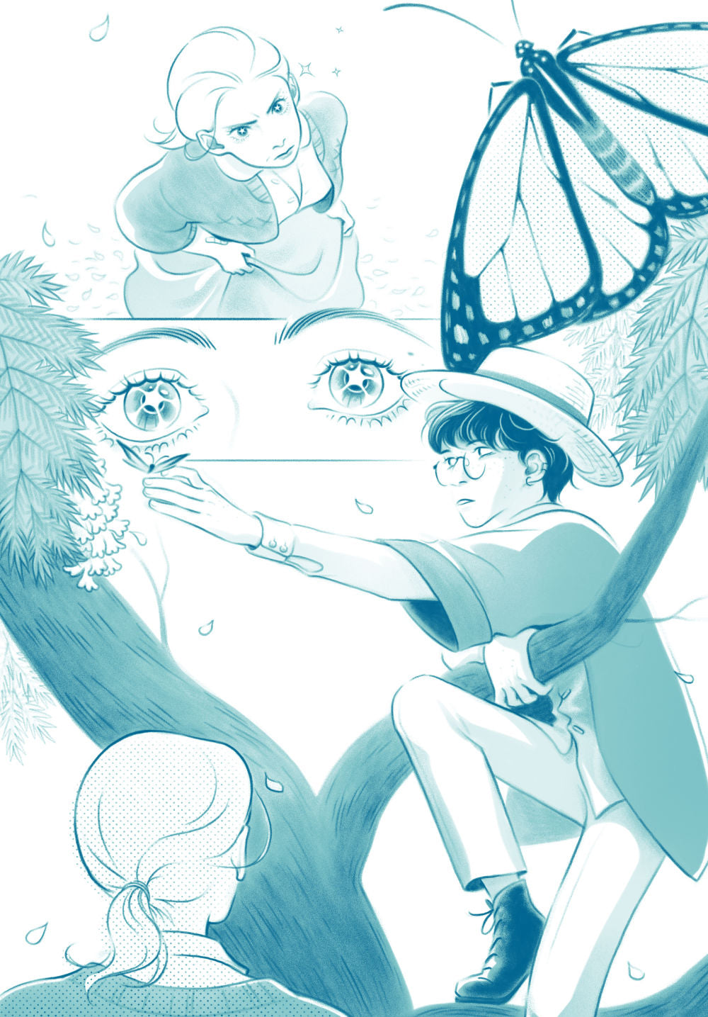 AHIH sample page 006: This page has three panels, bordered by the  branches of a jacaranda tree and a closeup of a monarch butterfly.
Panel 1: Eerie holds her skirt and stares upwards toward the camera.
Panel 2: Closeup of Eerie's eyes, which sparkle.
Panel  3: We now see over Eerie's shoulder that Aoi has climbed the jacaranda  to catch the butterfly for her, which he holds on a fingertip. He's  wearing glasses and a straw hat.