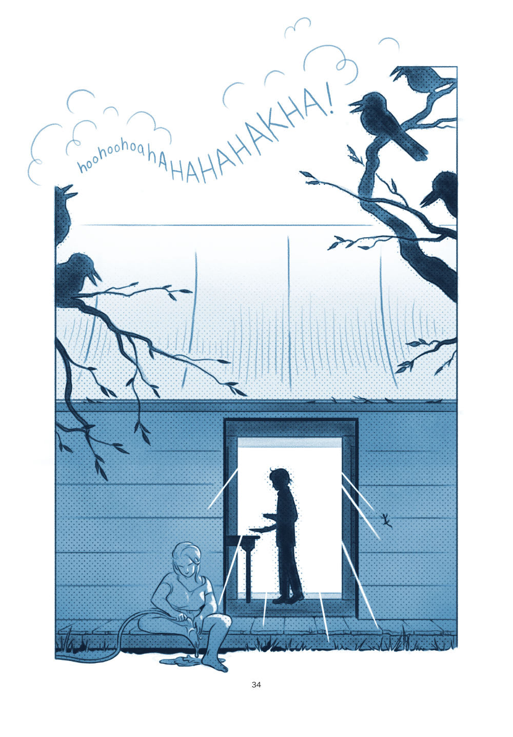AHIH sample page 034: One large panel of the shaded view  of the east side of the house that shows through to the west-facing  doorway, where the sun is setting. Kookaburras sing in branches over the  house. Eerie washes her feet on the deck while Aoi sets the table for  dinner inside.
