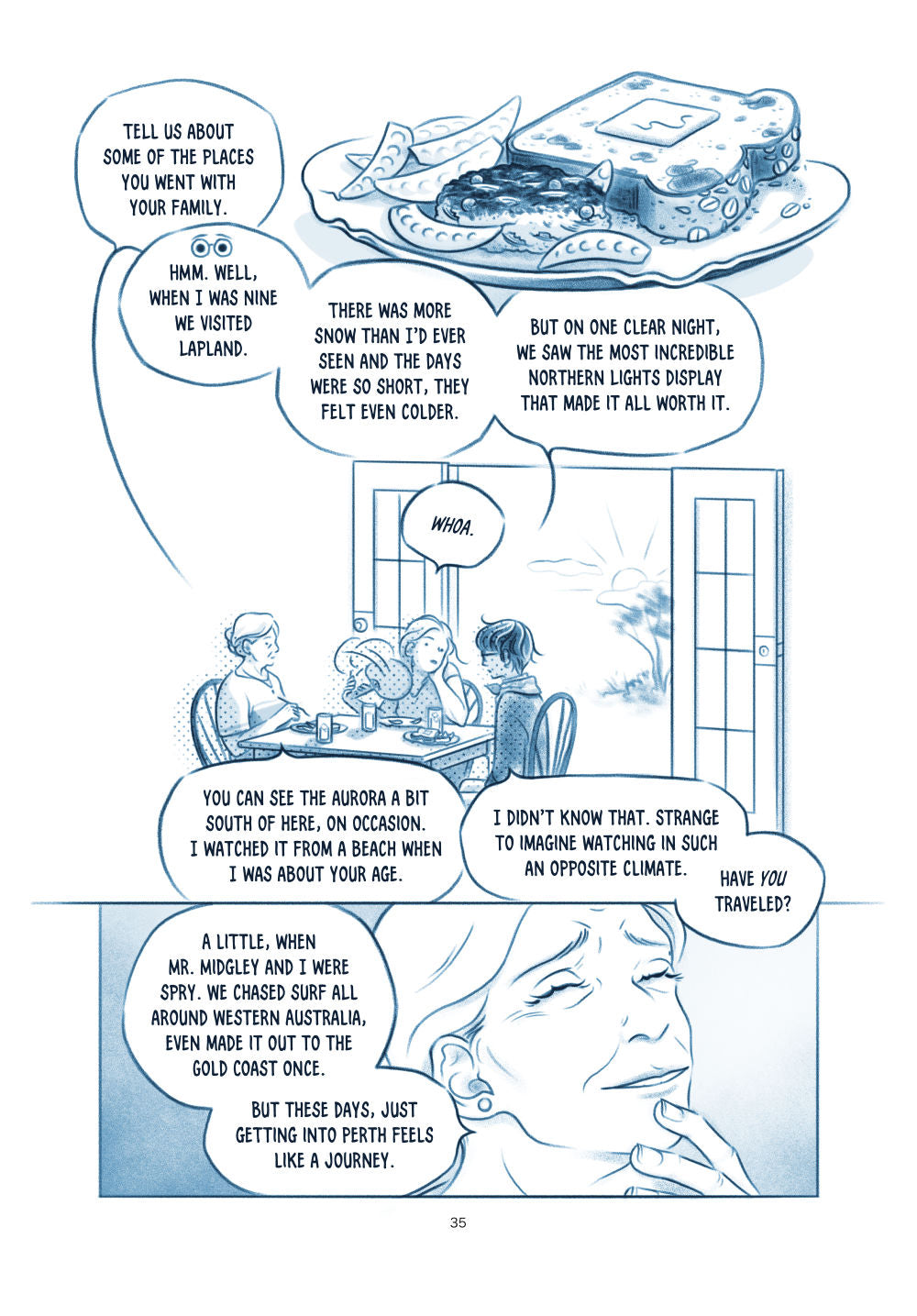 AHIH sample page 035:
Panel 1: Closeup of their dinner, consisting of fish cakes, toast, and peas. Mrs. Midgley: "Tell us about some of the places you went with your family." Aoi:  "Hmm. Well, when I was nine we visited Lapland. There was more snow  than I'd ever seen and the days were so short, they felt event colder.  But on one clear night, we saw the most incredible northern lights  display that made it all worth it."
Panel 2: Mrs. Midgley,  Eerie, and Aoi all sit at the dinner table. Out the door behin