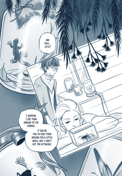 AHIH sample page 037: One panel on this page of Aoi meeting Eerie in her bedroom, where she's fed her huntsman spider. He looks at the jars of other bugs and critters that she keeps around her room. Around the panel, closeups of the jars and hanging branches add  atmosphere. Aoi: "Are they...pets?" Eerie: "I  suppose I see them similar to the chooks. It can be fun to keep them  around for a little while, but I don't get too attached."