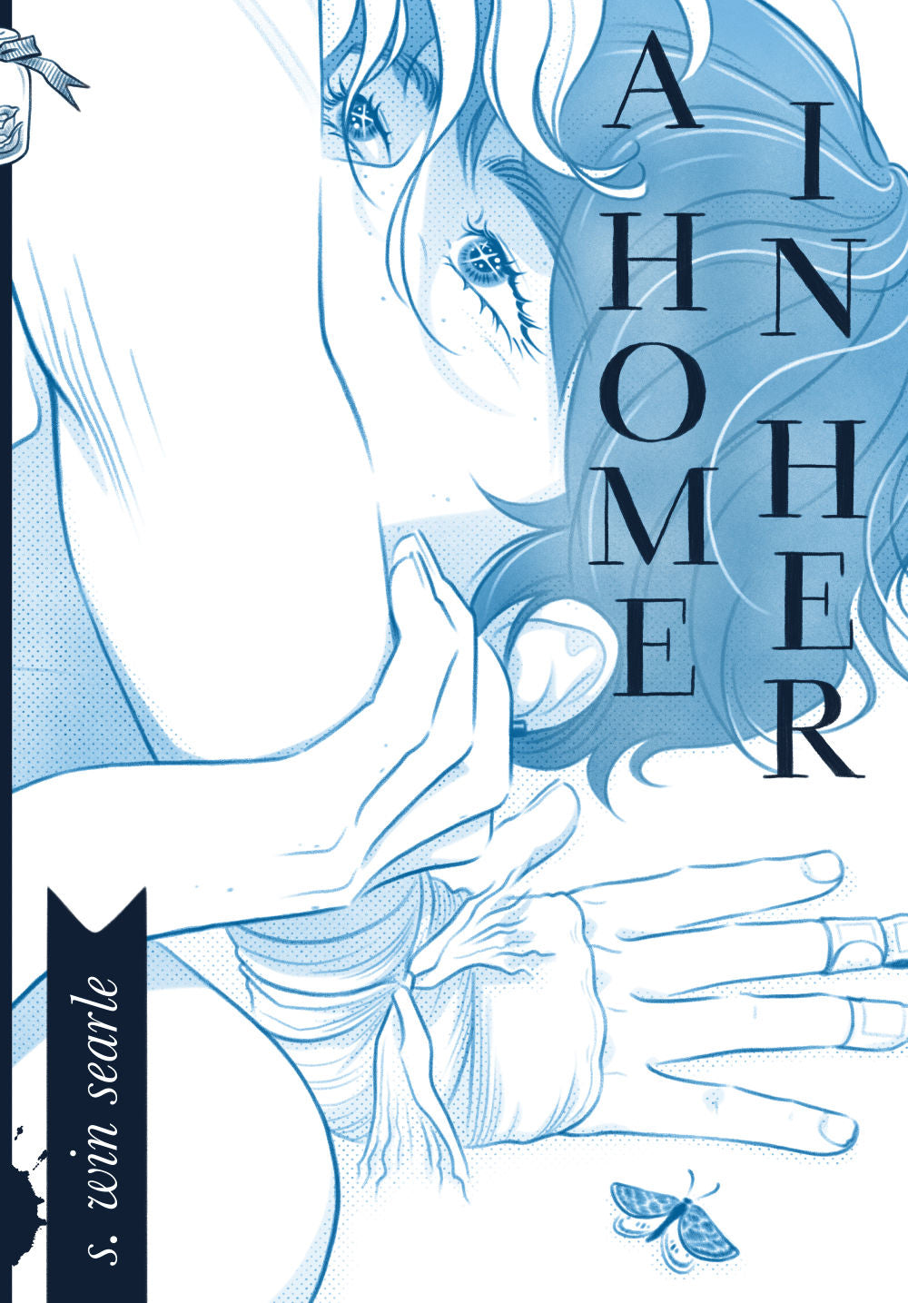 A Home in Her cover: All in blue tones, it's a  closeup of Aoi, a trans man, lying on the floor with a moth next to him.  He has freckles and dark hair, and his hand rests on the forearm of a  feminine person, Eerie, who's leaning over him with her hand braced on  the floor next to his head. She has a scrape on her elbow and bandages  on her hand, and her light-colored hair hangs over his face with her own  face cropped out of view. The man gazes up at her with sparkles in his  eyes, his nose and mouth cove