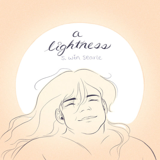 A Lightness cover: The face and shoulders of the fat non-binary main character with long hair, haloed by a bright white sun. They're smiling and closing their eyes with a contented expression. The rest of the art is in a soft gold color.