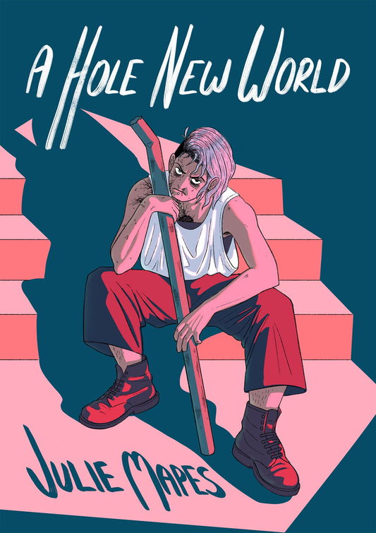 The front cover of the book “a hole new world”. The main character Reid, is starkly lit, sitting on a staircase, holding a large, dented pipe, staring angrily forwards. They have a loose white shirt and a sports bra underneath. On their chest there is a black circle with lines of corruption streaking out along their right shoulder and chest. Her right eye has a glowing circle and there are some scales forming on her skin.