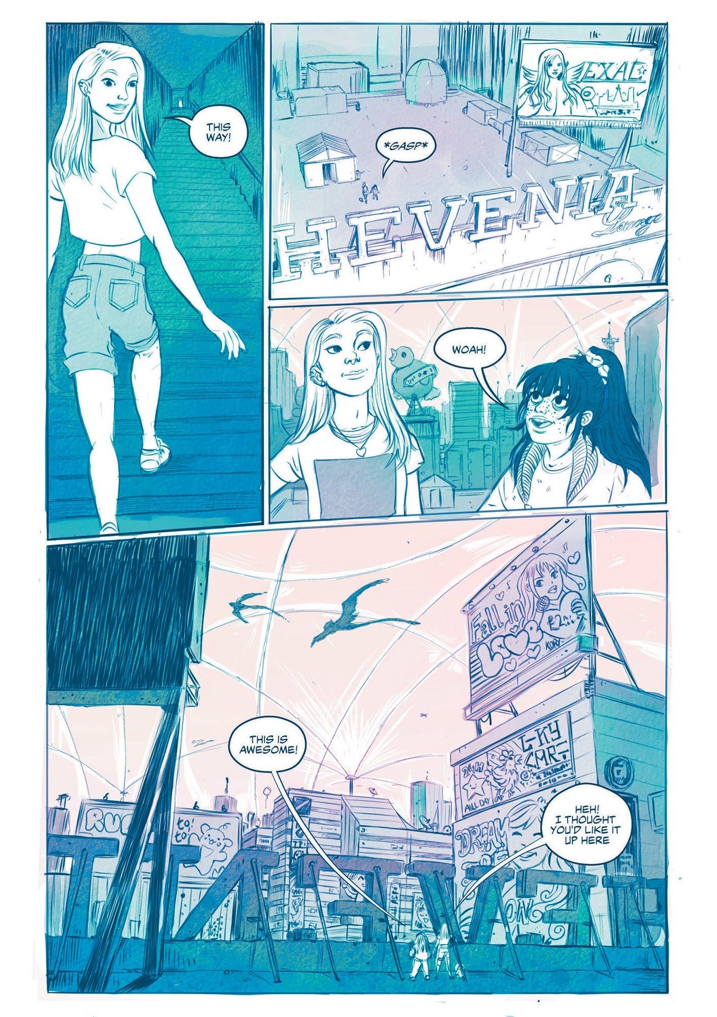 [Page 01] Comic page from Alien Heart by Anna Fitzpatrick. Over four panels, two teenage girls climb the stairs to the roof of a tall building and take in the cityscape together. One of the girls is leading the other girl to this spot, confident that her friend will like the view. The cityscape is full of signage and advertisements, evoking a sci-fi setting. Two winged creatures fly above the city, and further above them is an artificial sky-dome. The page is illustrated with expressive linework, a textured