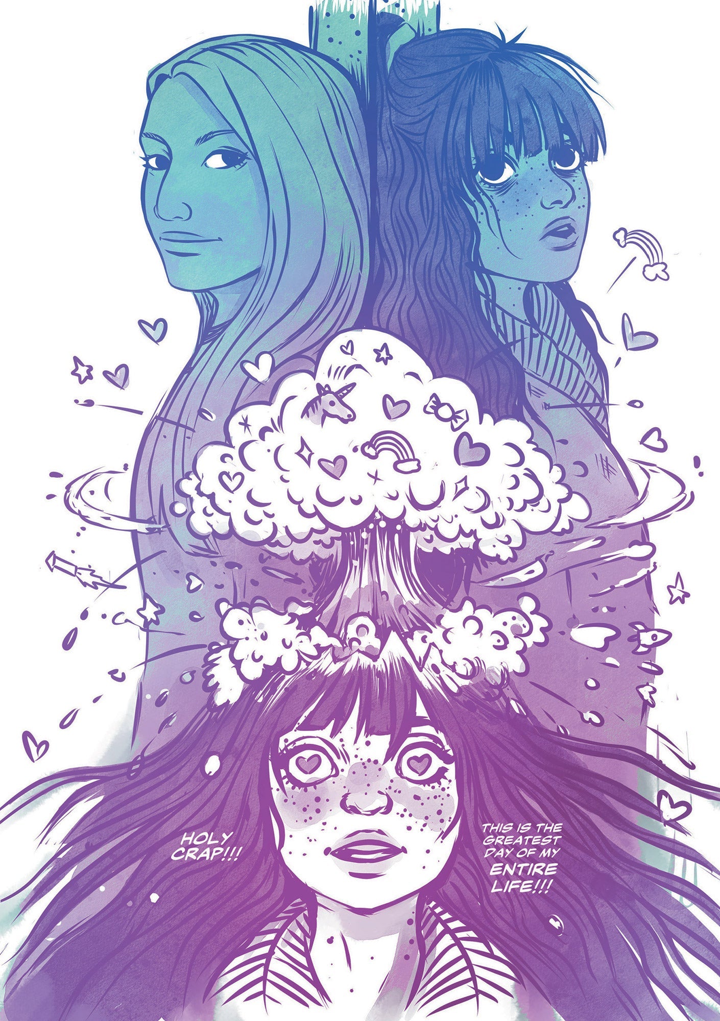 [Page 02] Comic page from Alien Heart by Anna Fitzpatrick. In a slightly abstracted page layout, two teenage girls gaze each other as they lie side-by-side on a concrete surface. The light-haired girl on the left side smiles confidently at the dark-haired girl on the right, who looks a bit stunned with her mouth slightly agape. Beneath that moment, the dark-haired girl experiences a metaphorical brain-blast, shown as a stylized explosion of rainbows, hearts, stars, unicorns, and rocket ships flying from the