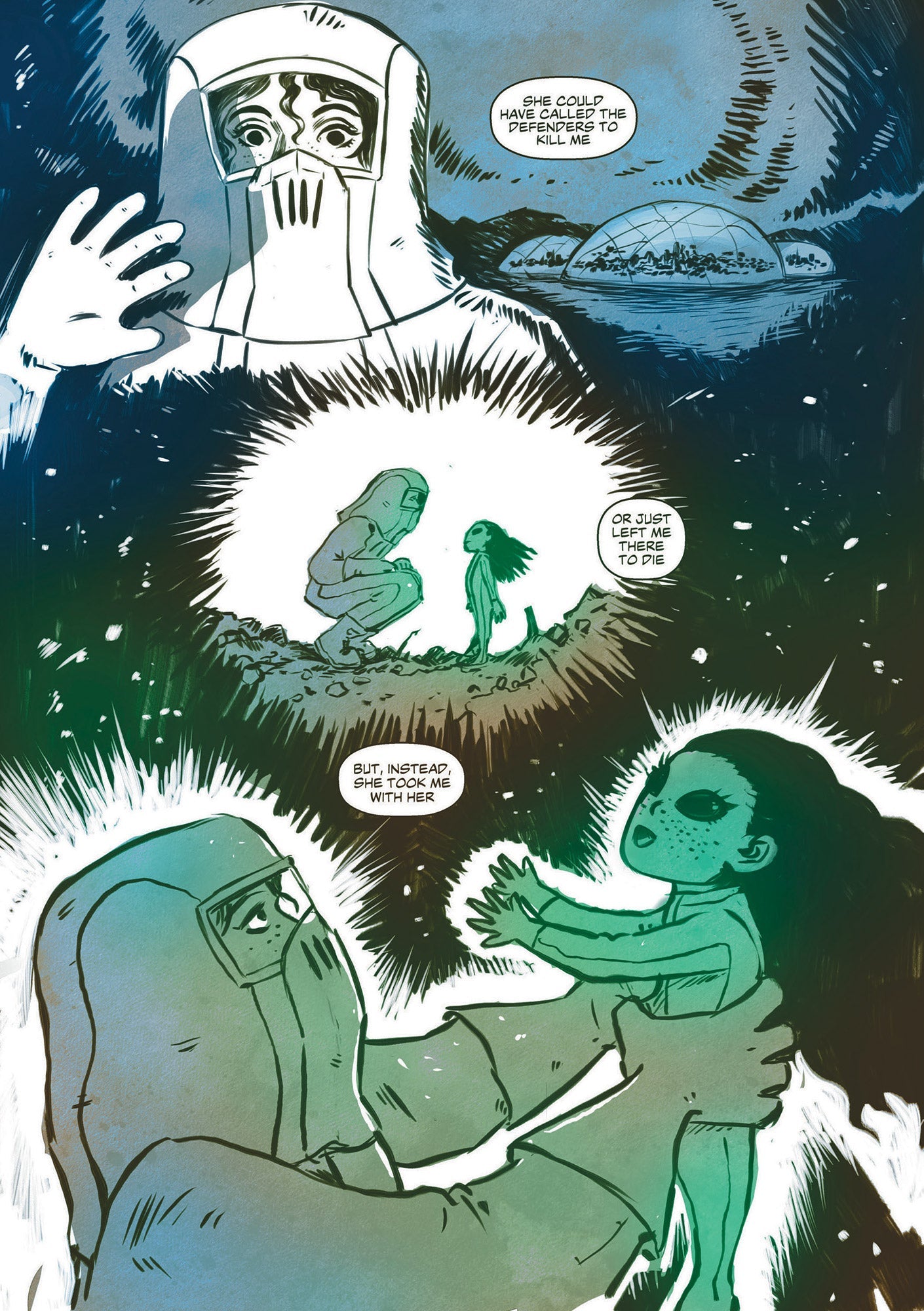 [Page 03] Comic page from Alien Heart by Anna Fitzpatrick. Over three vignetted flashback panels, a human woman in an environment-suit encounters a small alien child, kneels down to greet her, and gently lifts her into the air. In the background, domed cities sit like dewdrops along a dark, mountainous landscape rendered with heavy, textured linework. The page gutters are equally expressive, evoking the darkness of space and smatterings of stars. The page overall is illustrated with an expressive, textured 