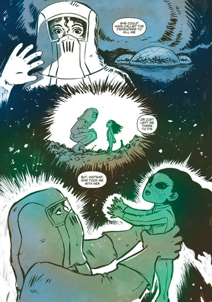 [Page 03] Comic page from Alien Heart by Anna Fitzpatrick. Over three vignetted flashback panels, a human woman in an environment-suit encounters a small alien child, kneels down to greet her, and gently lifts her into the air. In the background, domed cities sit like dewdrops along a dark, mountainous landscape rendered with heavy, textured linework. The page gutters are equally expressive, evoking the darkness of space and smatterings of stars. The page overall is illustrated with an expressive, textured 
