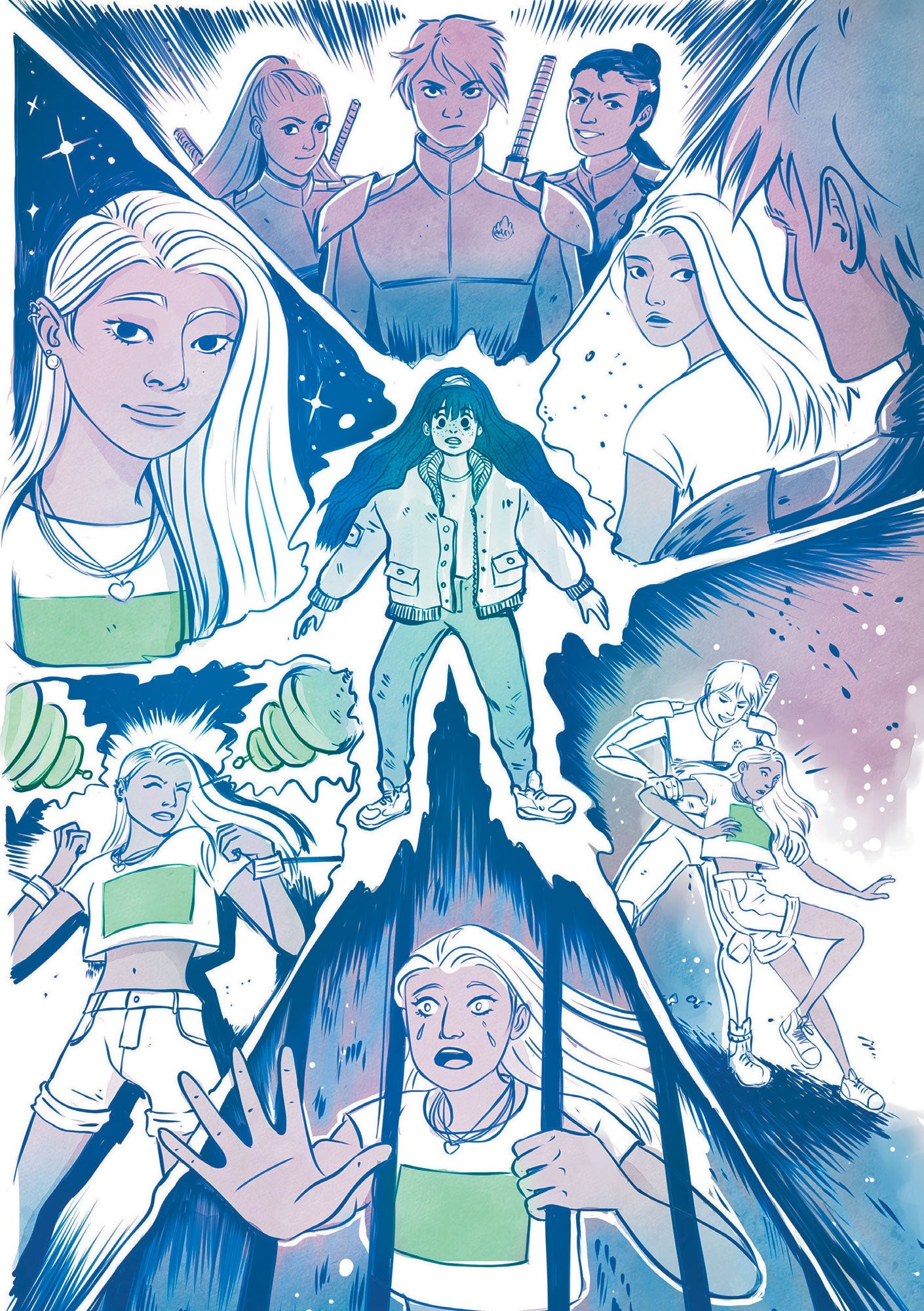 [Page 05] Comic page from Alien Heart by Anna Fitzpatrick. In the center of the page, a dark-haired girl stares in shock. Around her, various montage panels show her crush, a light-haired teenage girl, being captured and imprisoned by uniformed warriors. In the bottom panel, the light-haired girl reaches out past cell bars, crying. The page is illustrated with expressive linework, a textured coloring style, and a palette of white, muted purples, greens, and teal. The setting is visibly sci-fi, but with a 90