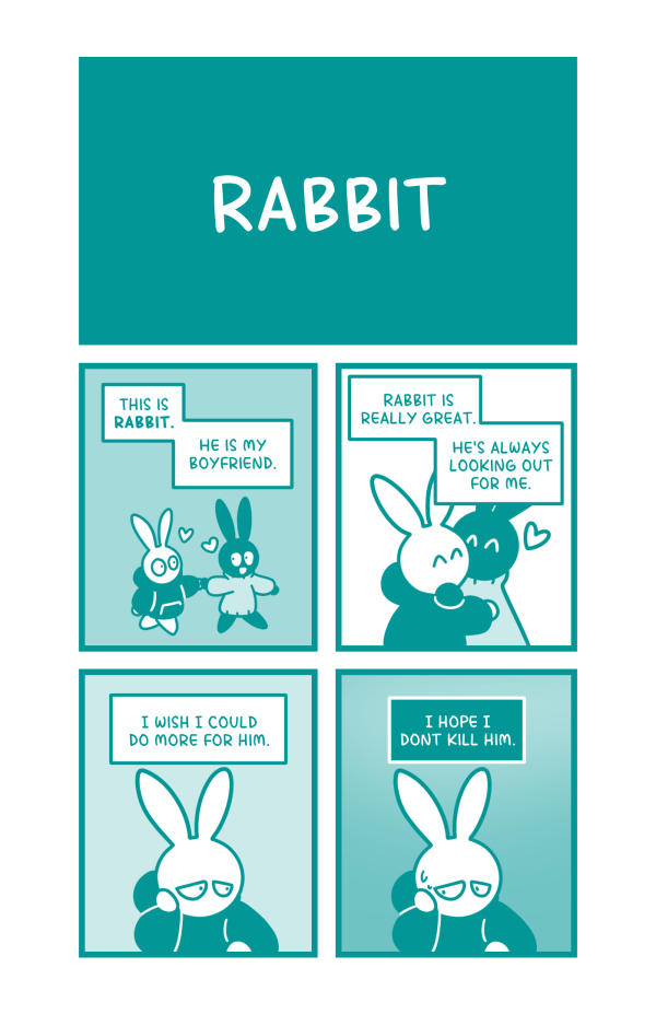 Title: Rabbit. The page shows Bunny and another rabbit (this one with darker fur and a turtleneck sweater). They are both holding hands and hugging as hearts are depicted around them. Bunny narrates: "This is Rabbit. He is my boyfriend. Rabbit is really great. He's always looking out for me." In the present, Bunny is resting her head on her hand, looking very concerned. She thinks, "I wish I could do more for him."
