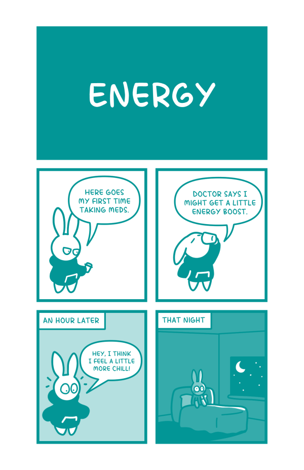 Title: Energy. Bunny holds a pill bottle and says, "Here goes my first time taking meds." She then takes a drink of water and says, "Doctor says I might get a little energy boost." An hour later, Bunny looks surprised as she says, "Hey I think I feel a little more chill!" That night, Bunny is wide awake in her bed, completely unable to sleep