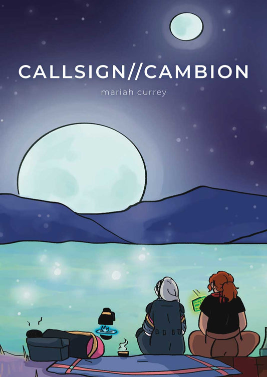Callsign // Cambion cover: Merlin and Wally are seen from behind sitting on blankets overlooking a glowing alien lake at night. The sky is full of stars and has two moons. Merlin is wearing a grey jumpsuit with a yellow and pink chevron detail on the rolled up sleeves. The left side of her head is bald with black, geometric tattoos, while the right side has a long, pale blonde braid. Wally is wearing a classic cowboy inspired space suit with a red bandana around his neck. His wavy red hair is pulled back in