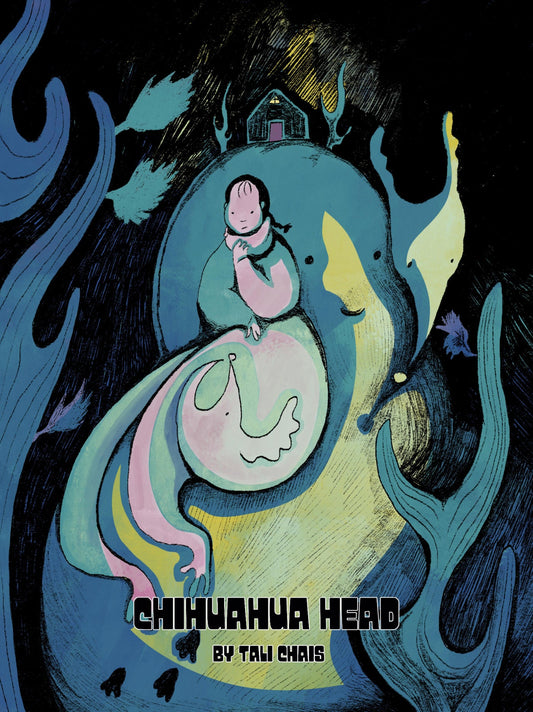 Cover Page: Night, exterior, snowy hill. Dahlia ( young girl with a braid) stands on a snowy hill, the abstract form of a pink dog frying to get out from beneath her. The snowy hill has the form of the gil and the dog, hugging. Behind her is a house. In front of her are tree branches.