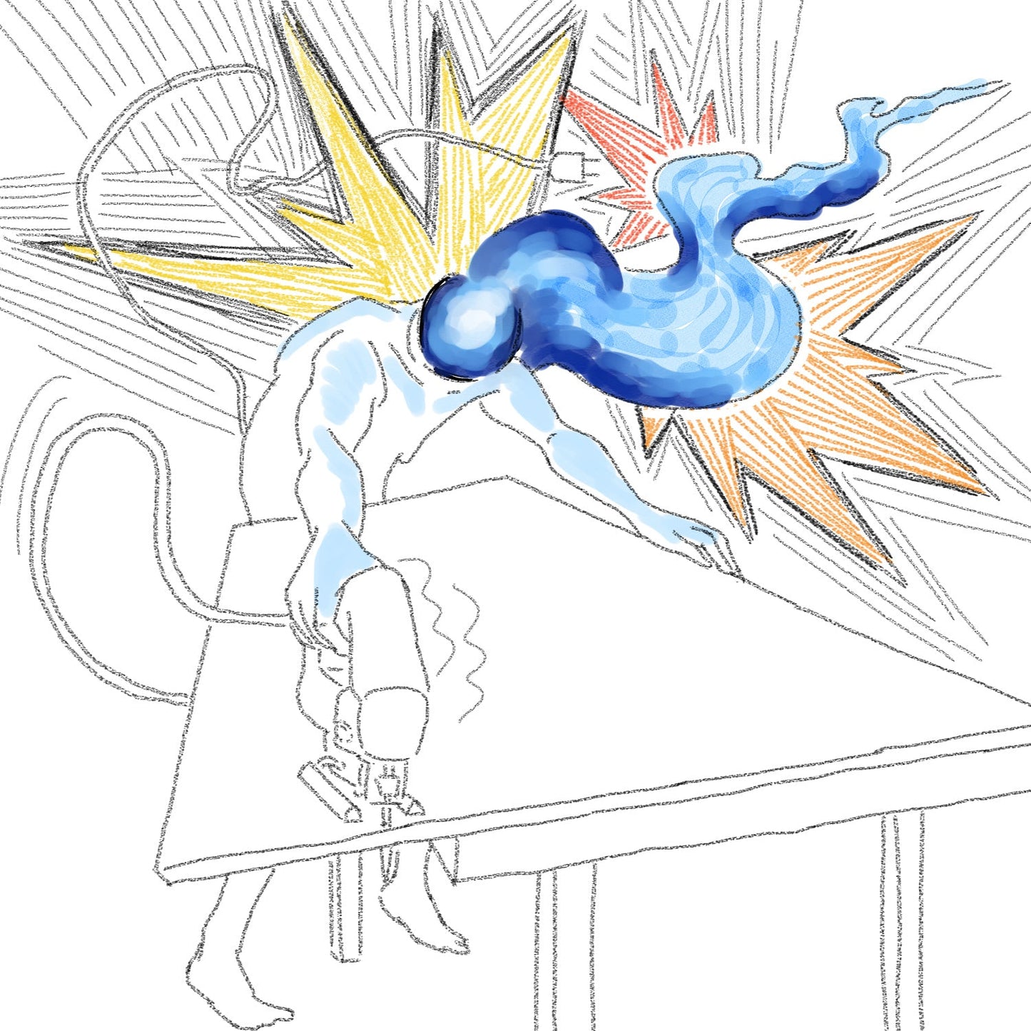 Page 1: A naked object head with blue fire as a head is cutting with a saw a sheet of wood. It's high energy is manifested behind it and it's what's powering the saw.