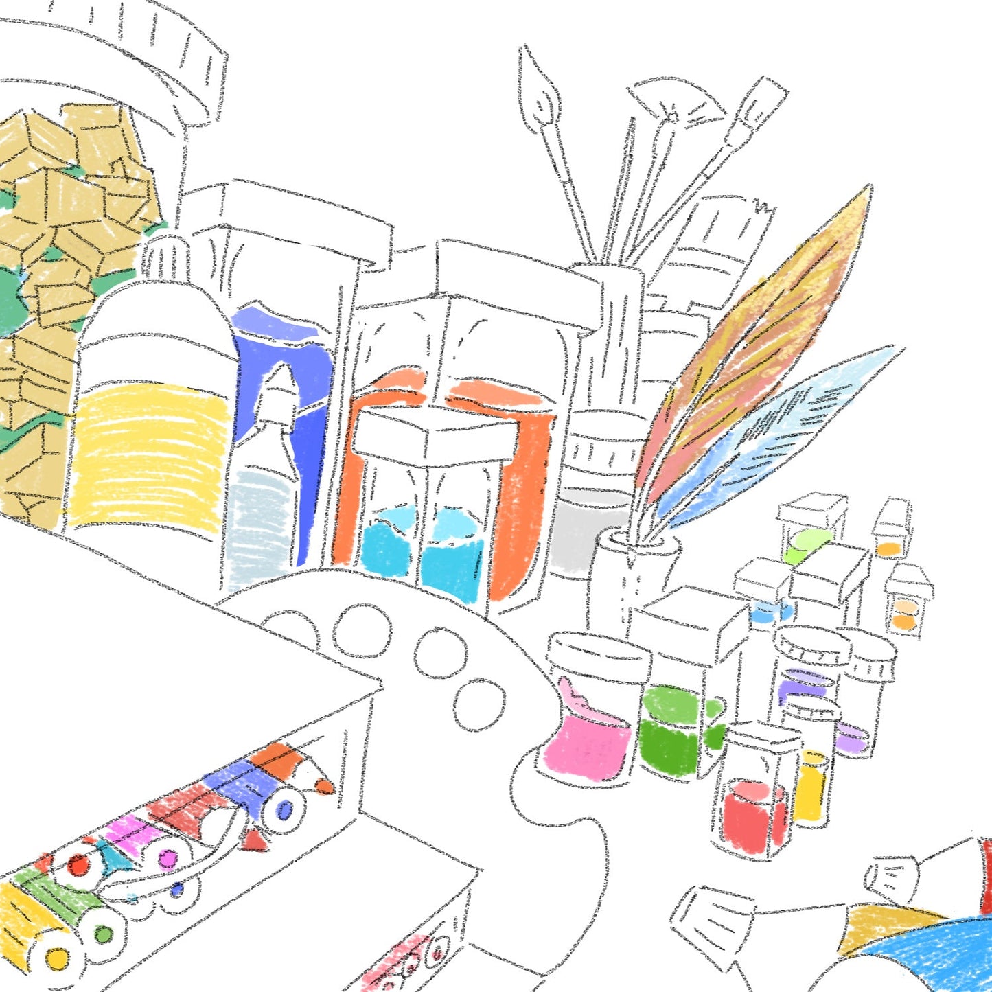 Page 3: We see it's art supplies: color pencils, bee's wax, many crystal bottles of pigments, feather quills, big tubes of paint, brushes of different shapes and sizes and so on.