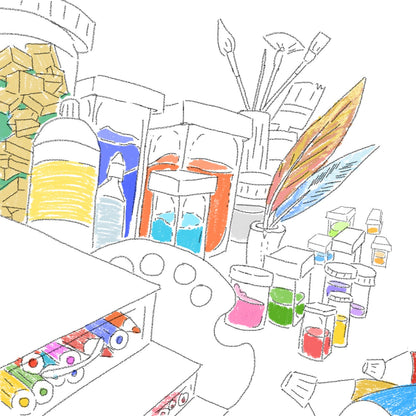 Page 3: We see it's art supplies: color pencils, bee's wax, many crystal bottles of pigments, feather quills, big tubes of paint, brushes of different shapes and sizes and so on.