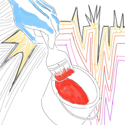 Page 4: It uses a wide brush to take bright red paint out of a bucket.