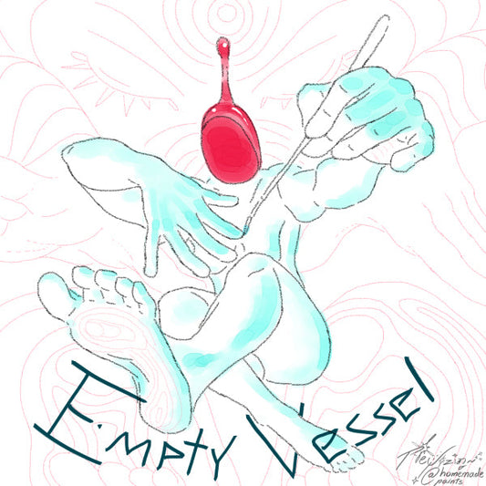Cover: A naked object head with a drop of red paint as its head paints their nails with a brush. Behind it an ethereal person watches over them with closed eyes and extended palms.
