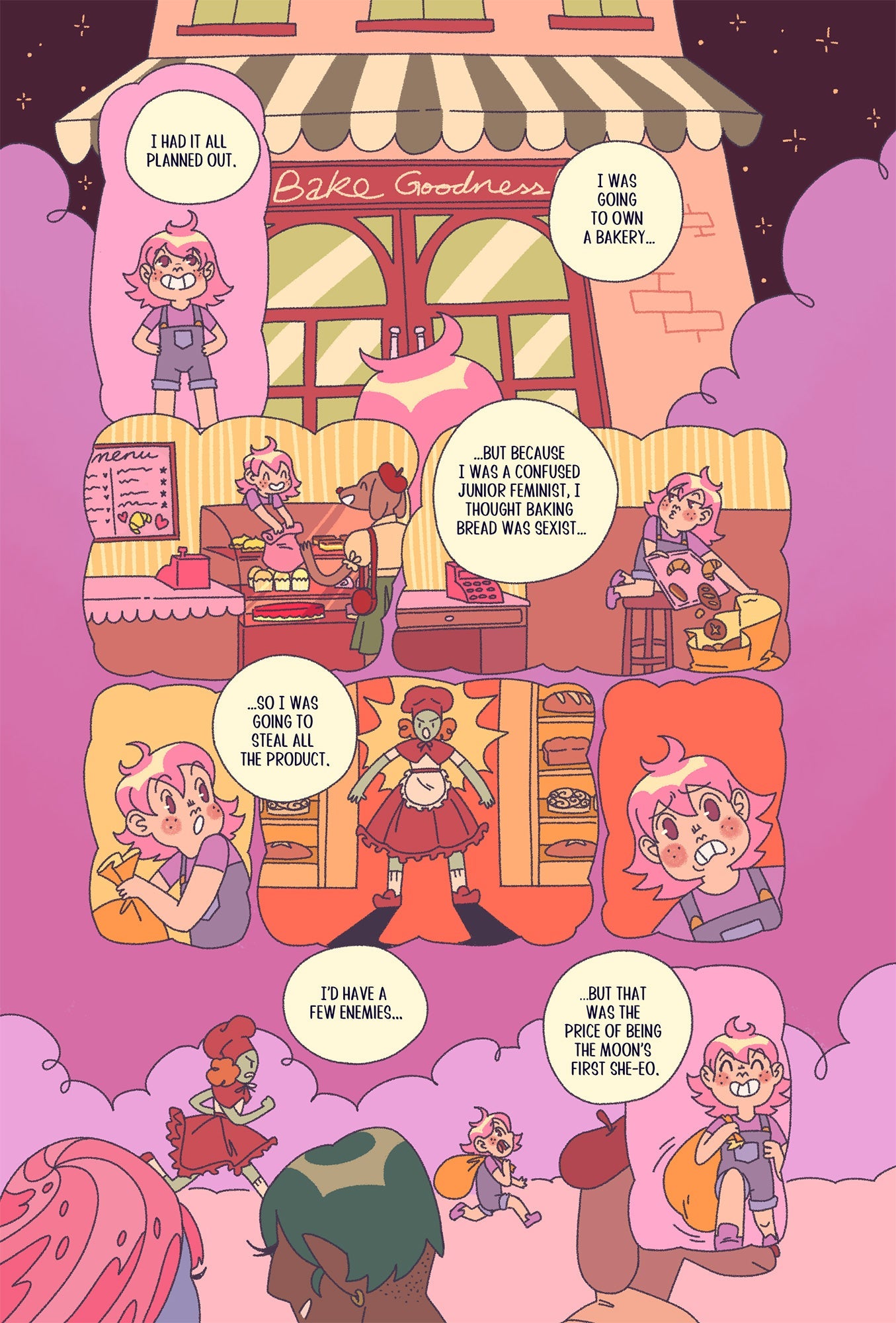 Sample Page 3: In the first panel, young Phoebe, or YP, now has pink hair and stands proudly in front of a colorful bakery called Bake Goodness. Phoebe continues to narrate  from the party and says, “I had it all planned out. I was going to own a bakery…” In the second panel, YP cheerfully hands over a bag to a customer from behind the counter of the bakery. In the third panel, YP puts baked goods into a bag and Phoebe says, “… but because I was a confused junior feminist, I thought baking bread was sexist…