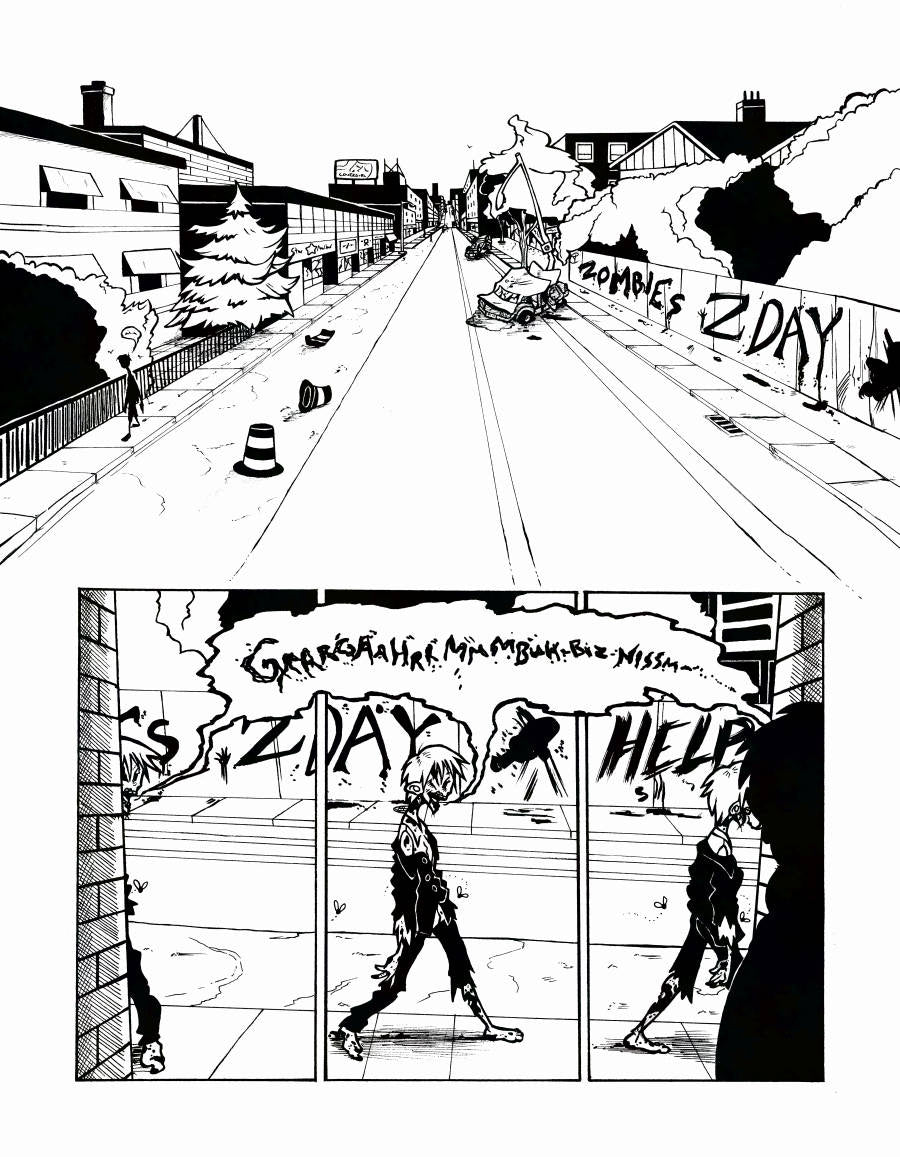 Page 1: A Dead City comic page, done in black and white with some hatching. A large establishing shot of Bloor street in Toronto, Ontario. There's pylons strewn about, a car crashed against a street lamp next to a fence with grafitti on it that reads "Zombies, Z-day" we can see a silhouetted figure walking on the sidewalk leaving a questionable trail behind them. From an alleyway we see this figure, a zombie businessman, limp from the left to the right as a man in the shadows watches. The zombie makes an un