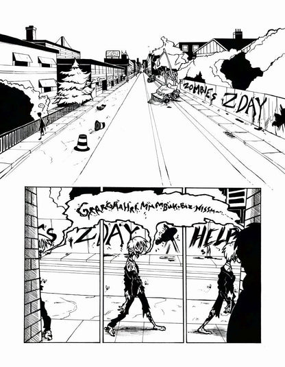 Page 1: A Dead City comic page, done in black and white with some hatching. A large establishing shot of Bloor street in Toronto, Ontario. There's pylons strewn about, a car crashed against a street lamp next to a fence with grafitti on it that reads "Zombies, Z-day" we can see a silhouetted figure walking on the sidewalk leaving a questionable trail behind them. From an alleyway we see this figure, a zombie businessman, limp from the left to the right as a man in the shadows watches. The zombie makes an un