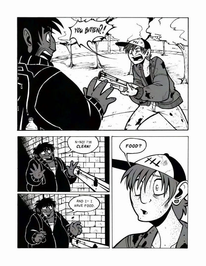 Page 3: A Dead City comic page, done in black, white and 50% grey with some hatching. Our man is out in the open now and met with another man who's pointing a gun at him while yelling "You bitten?!" This second man is thin, white, with medium toned hair, freckles and wearing a dirty ball cap, a stained leather jacket and jeans. He looks desperate. Our first man, nervously responds "N-no! I'm clean! And I- I have food." which intrigues the other man who parrots "Food?"
