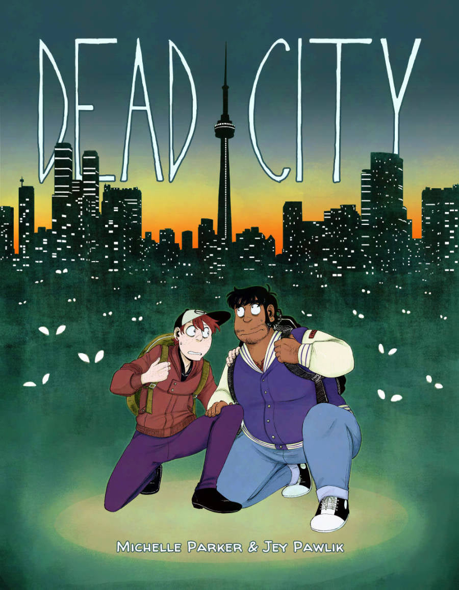 Cover: The book cover "Dead City", drawn with choppy black line art and coloured with greens, blacks and yellows. In the middle are two characters: Mikael, a thin white man in his early 20s with red hair, freckles, wearing a a ball cap, a brown leather jacket and dark jeans with a nervous expression. JP is a fat man of colour with shaggy black hair and a beard, he's wearing a blue varsity jacket and light jeans, he looks scared. They're both kneeling next to one another holding their own backpack straps wit
