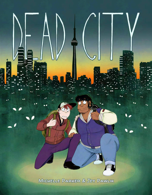Cover: The book cover "Dead City", drawn with choppy black line art and coloured with greens, blacks and yellows. In the middle are two characters: Mikael, a thin white man in his early 20s with red hair, freckles, wearing a a ball cap, a brown leather jacket and dark jeans with a nervous expression. JP is a fat man of colour with shaggy black hair and a beard, he's wearing a blue varsity jacket and light jeans, he looks scared. They're both kneeling next to one another holding their own backpack straps wit
