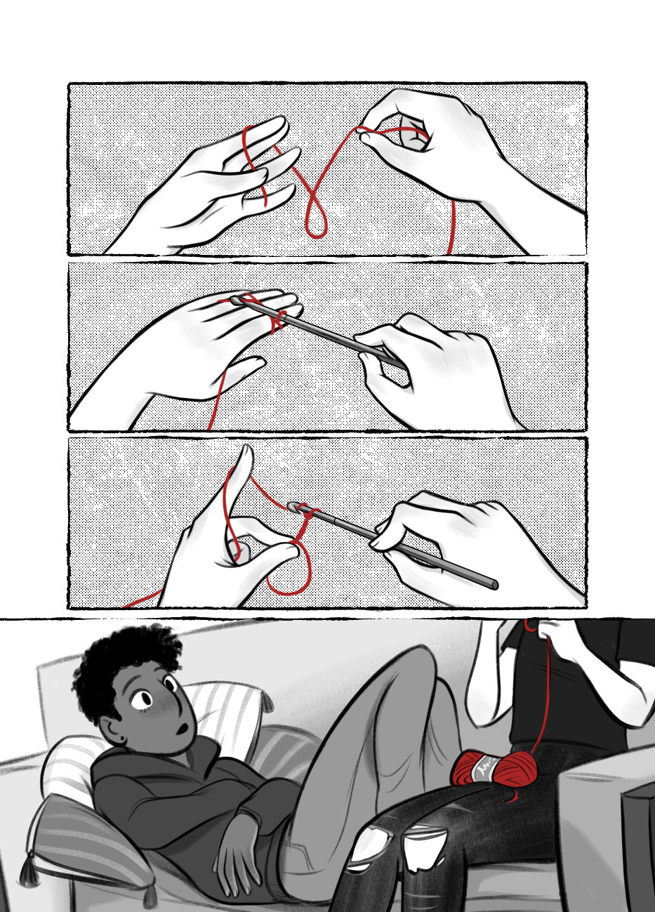 Preview 1: Three panels showing pale hands crocheting a magic circle with vivid red string. The last panel zooms out to show the crocheter on a couch together with another person, who is watching him with keen interest.