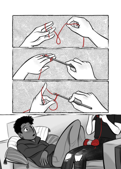 Preview 1: Three panels showing pale hands crocheting a magic circle with vivid red string. The last panel zooms out to show the crocheter on a couch together with another person, who is watching him with keen interest.