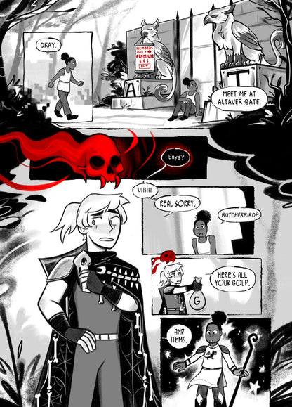 Preview 2: Two children meeting in front of a (Premium-locked) gate in a fantasy MMORPG setting. One of them, wearing an edgy skeleton cape and with an ominous red skull over his head, sheepishly returns some items he apparently stole from the other child.