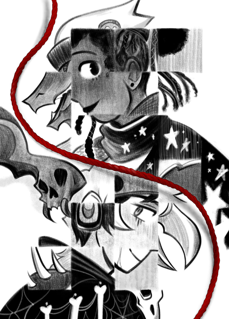 Preview 3: Mirrored, grayscale pencil-style portraits of two children in profile, with a mosaic effect showing a constellation of their different identities and online masks. Snaking between the two portraits is a red string.