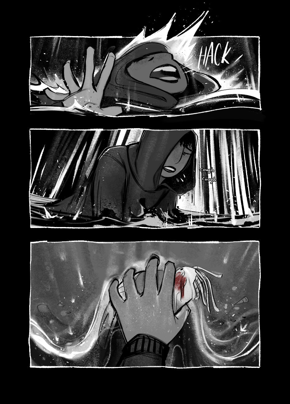 Preview 5: A dark, rainy knight at the sea. A hoodie'd figure gasps for breath as they break through the waves, coughing as they crouch over with the sand beneath them. As the wave recedes from the beach, they see there's something in their hand.