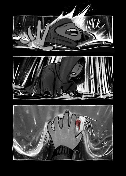 Preview 5: A dark, rainy knight at the sea. A hoodie'd figure gasps for breath as they break through the waves, coughing as they crouch over with the sand beneath them. As the wave recedes from the beach, they see there's something in their hand.