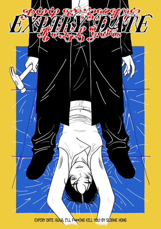 Cover: a mysterious figure, dressed all in black and clutching a hammer stands over a sickly girl with black hair lying between their legs on a blue tarpaulin sheet, her hands above her head, and she looks at you with a slight, cocky smile.