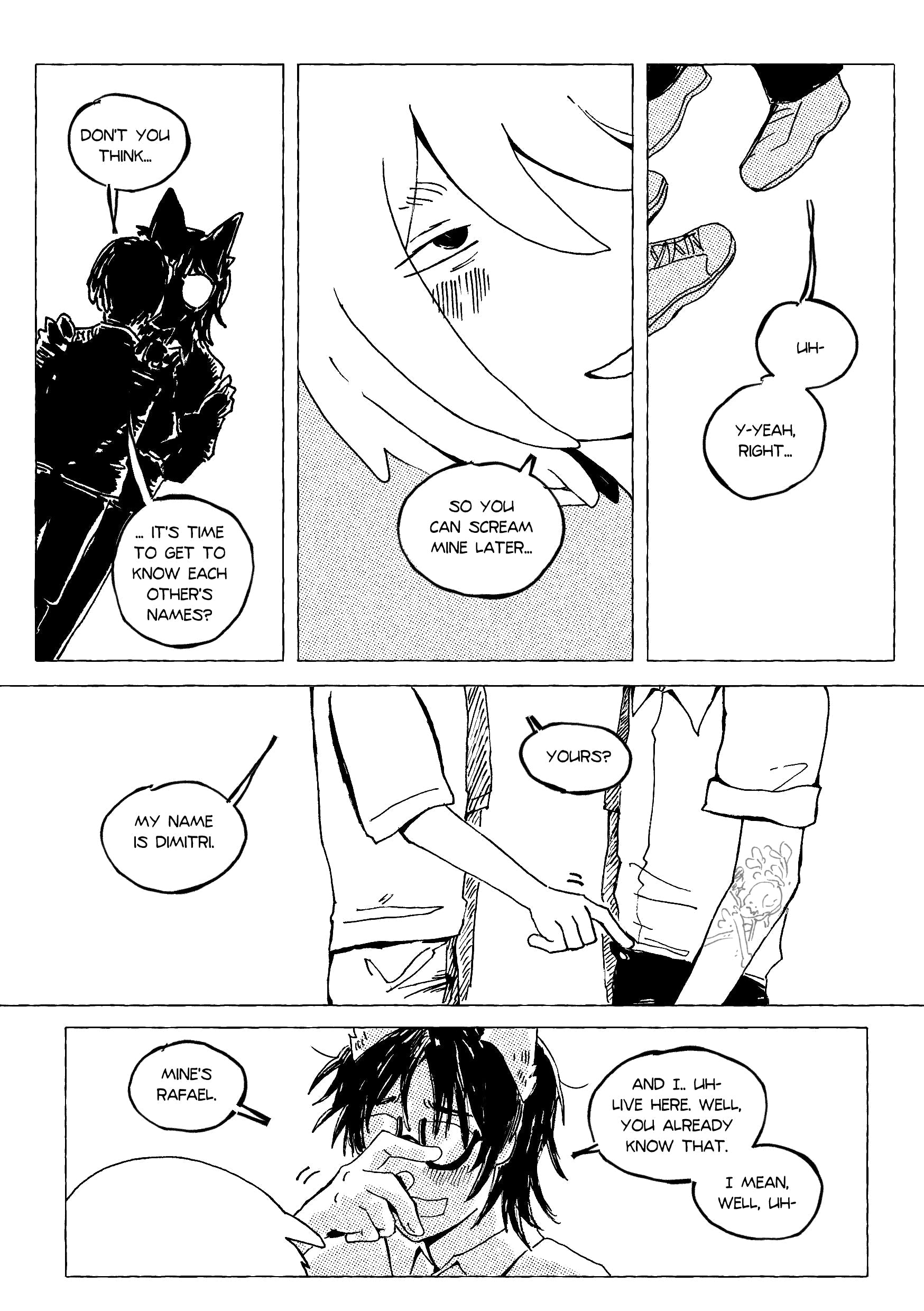In the first panel Dimitri and Rafael are talking, their silhouette black. They introduce themself to each other. First Dimitri, touching Rafael's belt. Then Rafael, embarrassed.
