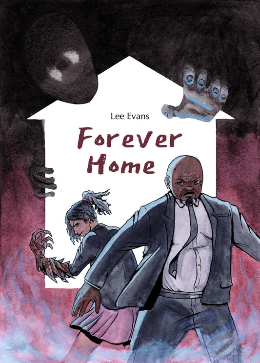 Cover: Ross braces themself, ready for action. Jesse brandishes a wooden claw, eager for a fight. Behind the pair, a shadowy entity reaches for Ross from behind a hollow house-shaped hole.