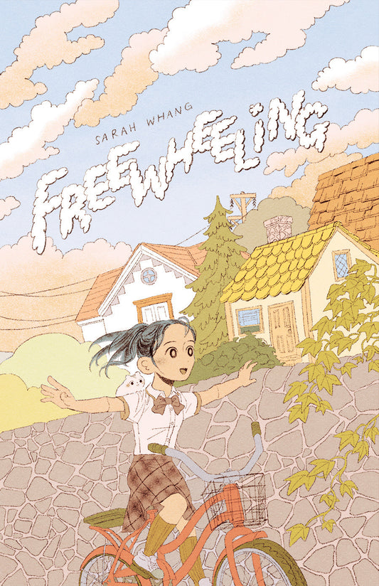 Cover: Two middle school girls, Yeji and Suzy, are riding together on a bicycle. Suzy is in the form of a small hamster and sits on Yeji's shoulder. Yeji has her hands off the steering wheel and spread wide to feel the air. Behind them is a view of their small west coast Canadian neighbourhood, with tall houses and ivied brick walls. The title sits in the sky and is spelled out with a font that blends in with the clouds around it.