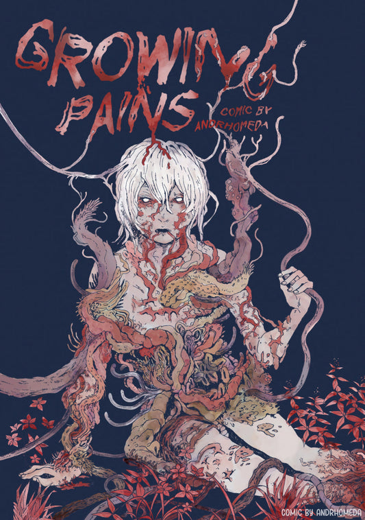 A character with white hair and white eyes sitting with their legs on the side, naked. Their whole body is rotten, deformed by inside organs and visible veins.