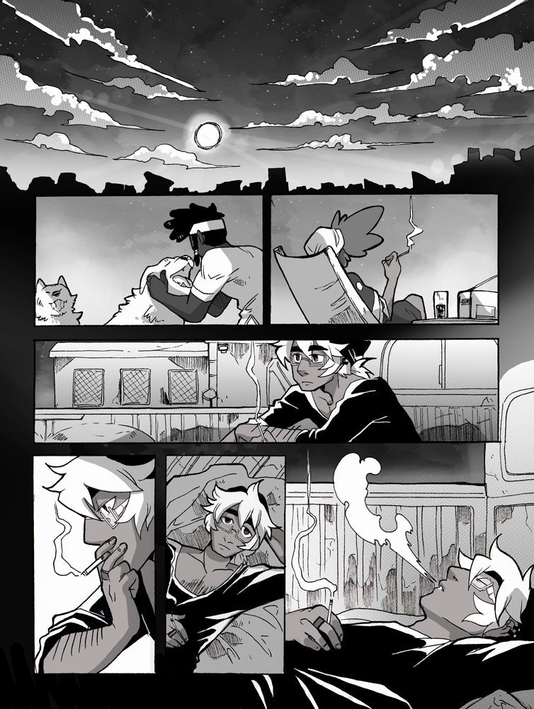 Page 5: A comic spread of characters relaxing as the sun sets, various panels show them smoking, the last panel ends with a character exhaling.