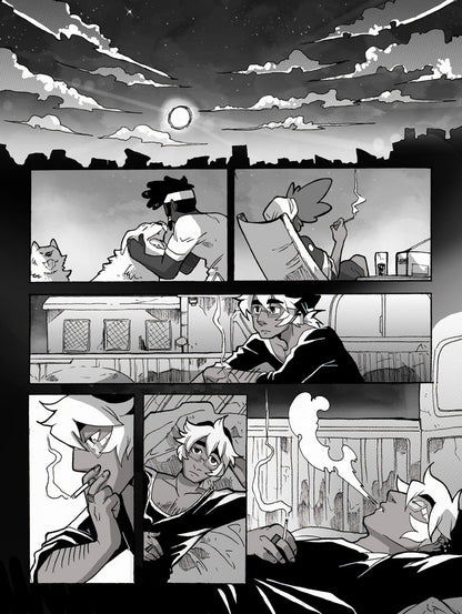 Page 5: A comic spread of characters relaxing as the sun sets, various panels show them smoking, the last panel ends with a character exhaling.