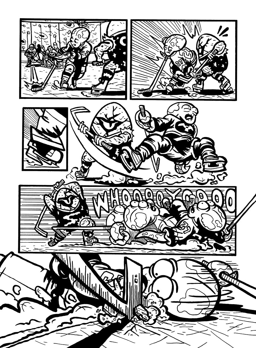 Page 2 - Black and white comic page with 6 panels. Panel 1, Squid is receiving the puck from Ugly Dave. Squid is in the midground, the focal point of the panel, skating forward while reaching his stick out to collect the puck. He has a bulbous head and eyes, resembling and octopus. He wears a white hockey jersey with a black nuclear symbol on the chest and black and white stripes at the elbows and waist. His sleeves are rolled up to reveal his tentacles. Ugly Dave and Stretch are in the background, at the A
