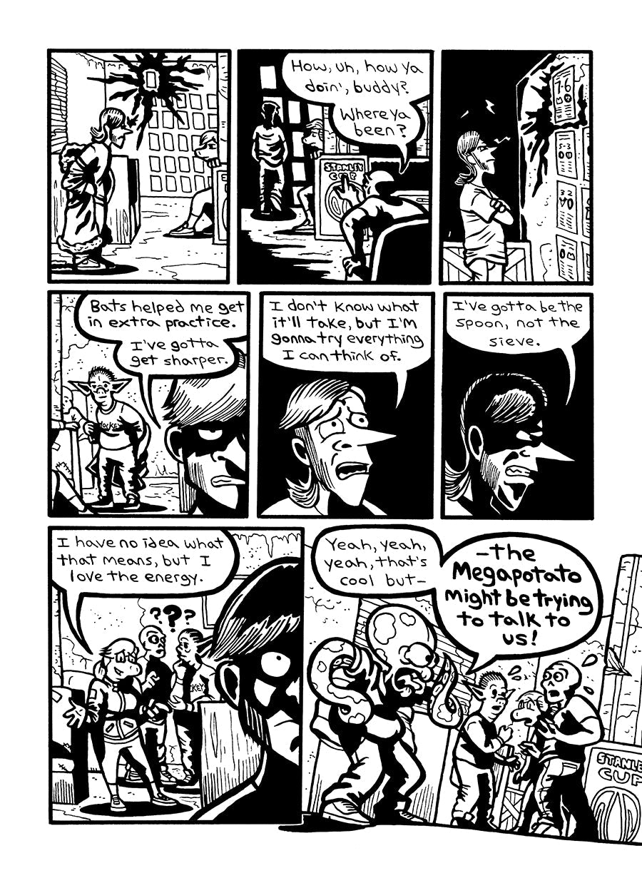 Page 3 - Black and white comic page with 8 panels in 3 rows.
Panel 1, Stretch, in a t-shirt and jeans, enters the Atomics clubhouse while taking off his coat. The clubhouse is rundown but relatively tidy, and used to be a pub. Lizzy, a lizard woman, sits in one of the booths, looking at Stretch. On the wall are several posters with results of previous Atomics games. The newest one has a rippling halo of black around it.
Panel 2, Stretch walks up to the wall with the posters, with his back to the reader. Sku