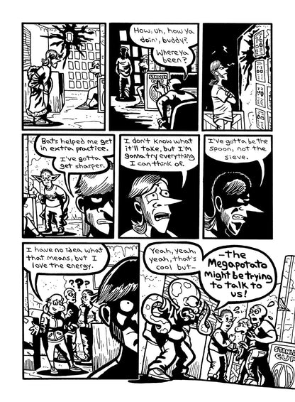 Page 3 - Black and white comic page with 8 panels in 3 rows.
Panel 1, Stretch, in a t-shirt and jeans, enters the Atomics clubhouse while taking off his coat. The clubhouse is rundown but relatively tidy, and used to be a pub. Lizzy, a lizard woman, sits in one of the booths, looking at Stretch. On the wall are several posters with results of previous Atomics games. The newest one has a rippling halo of black around it.
Panel 2, Stretch walks up to the wall with the posters, with his back to the reader. Sku