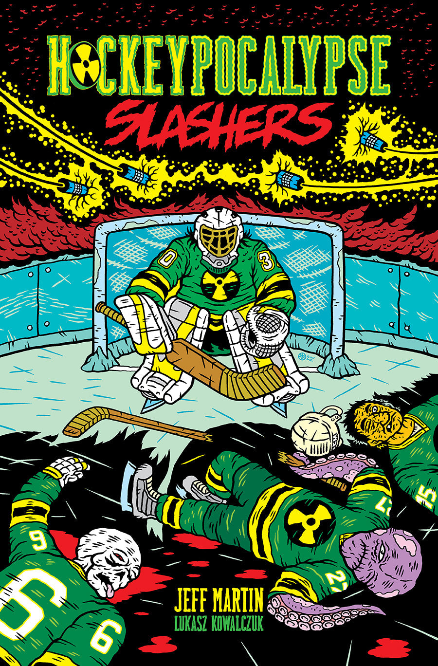 Cover - At the top of the page is the Hockeypocalypse Slashers logo, with Hockeypocalypse written in bright green and yellow in a blocky font resembling those commonly used on hockey jerseys. The "o" in hockey is replaced by the nuclear symbol. Slashers is written in red. The font looks bloody. The central figure is Edmonton Atomics goalie, Stretch, wearing a green hockey jersey with black and yellow stripes at the elbows and waist and the number 30 on each sleeve in white. He wears a battered white goalie 