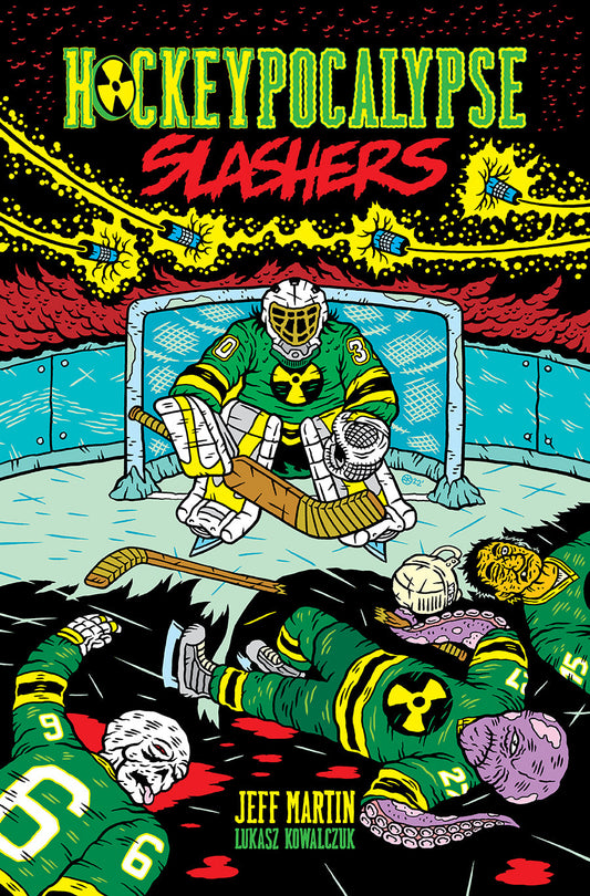 Cover - At the top of the page is the Hockeypocalypse Slashers logo, with Hockeypocalypse written in bright green and yellow in a blocky font resembling those commonly used on hockey jerseys. The "o" in hockey is replaced by the nuclear symbol. Slashers is written in red. The font looks bloody. The central figure is Edmonton Atomics goalie, Stretch, wearing a green hockey jersey with black and yellow stripes at the elbows and waist and the number 30 on each sleeve in white. He wears a battered white goalie 