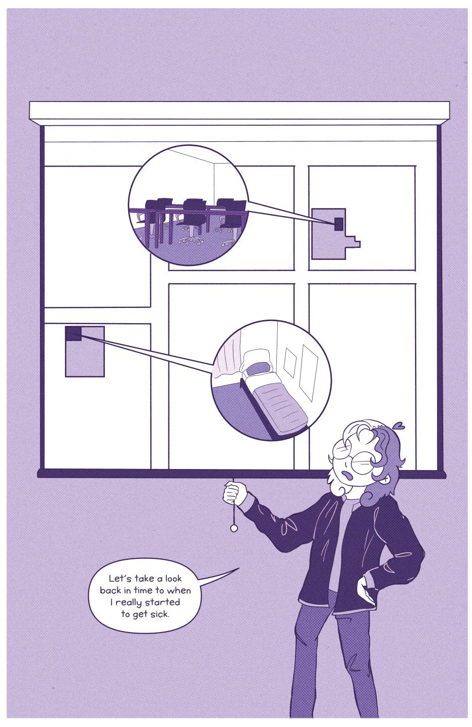 Page 3: Full page spread. El is now standing, pulling down a projector screen. The screen shows a map of some streets and buildings. Two of the buildings are highlighted with magnifying glass bubbles extending from them. These show the interior of a school classroom, and a bedroom.