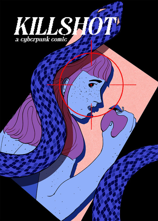 A diagonal panel of a girl with red hair and freckles bringing an apple up to her mouth to take a bite. She's looking at us from the side, unconcerned. A red scope symbol is targeted at her head, with the center dot forming the pupil of her eye. A huge blue snake slithers around and across the panel, heading off-page.