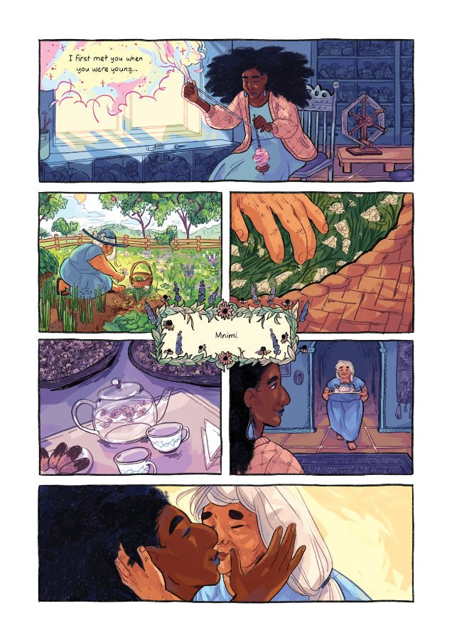 PAGE 01. Comic page from Leaf Lace by Ashanti Fortson. Ananke, the goddess who spins mortals’ life threads, sits in her studio and spins her yarn. Mnimi, her mortal wife, picks vegetables and tea leaves from her garden. She brings a tray of tea and treats to Ananke, and the two share a kiss. Mnimi looks like an old woman, but Ananke ruminates on meeting Mnimi when Mnimi was young. The page is illustrated in lush, warm colors.