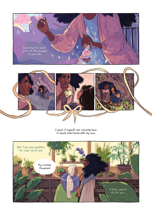 PAGE 02. Comic page from Leaf Lace by Ashanti Fortson. Through second-person narration, the goddess who spins mortals’ life threads reflects on the time she has shared with her mortal wife. A flashback sequence, framed by intertwining threads of yarn, shows the two meeting when her wife was still young. In the last panel, the mortal woman points out her newly-flowering orchids to her immortal wife, but the mortal woman is now old. The page is illustrated in lush, warm colors.