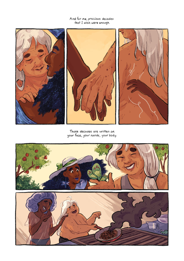PAGE 03. Comic page from Leaf Lace by Ashanti Fortson. The goddess who spins mortals’ life threads reflects on the time she has shared with her mortal wife, who is now old. The two are intertwined, caressing each other, spending time outside together, and laughing together. The goddess wishes that she had more time with her wife. The page is illustrated in lush, warm colors.